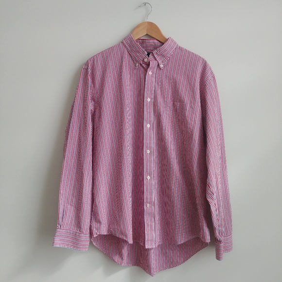 Lands' End Mens White Red Blue Plaid Button Down Shirt 100% cotton XL - Picture 1 of 13